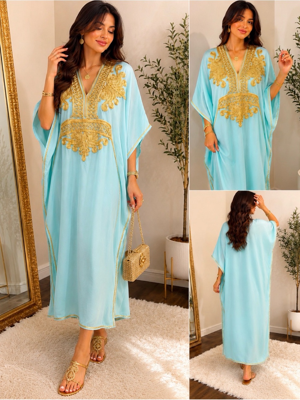 Moroccan Kaftan Caftan Aqua Blue Gold Embroidered Maxi Dress One Size